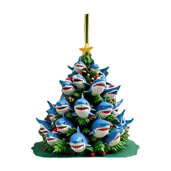 chaungfeng 3.15 Inch Shark Stacked Tree Shape Ornament, 2D Flat Acrylic Blue Christmas Hanging Pendant, for Christmas Tree Decor, Gift Exchanging, Holiday Ornament