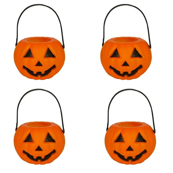 chaungfeng 3.9inch Halloween Pumpkin Bucket, Devil Smile Pumpkin Candy Bucket, Halloween Small Plastic Candy Holder with Handle, for Halloween Decorations