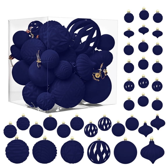 chaungfeng 36pcs Velvet Christmas Ball Ornaments, Flocked Shatterproof Christmas Ornaments Hanging Xmas Tree Decorations Set for Home Party Holiday Decor (Multi-Size, Dark Blue)