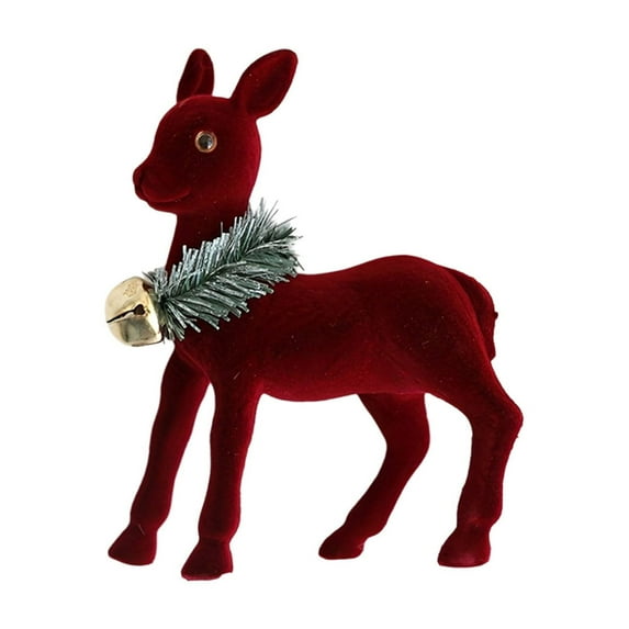 chaungfeng 4.33 Inches Red Flocked Deer Ornament, Reindeer Tabletop Decor, for Christmas Arrangement, Party Display, Winter Them