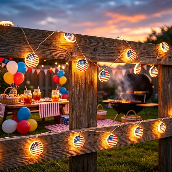 chaungfeng 4th of July Decorations Outdoor,79" American Flag Patriotic String Lights with Circular Light Panels, LED Red White and Blue Lights for Camping RV Awning Independence Day