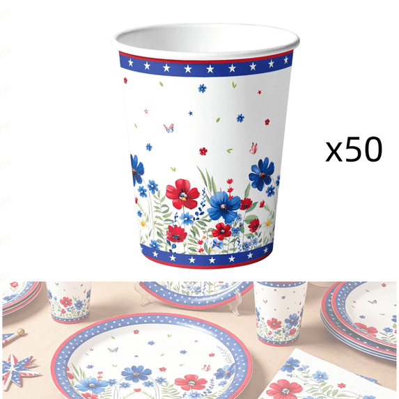 chaungfeng 50 Pcs 4th of July Flower Round Paper Cups, 9" American Flag Plates Disposable Patriotic Paper Cups for Independence Day 250th Anniversary Memorial Day Party Supplies Decor