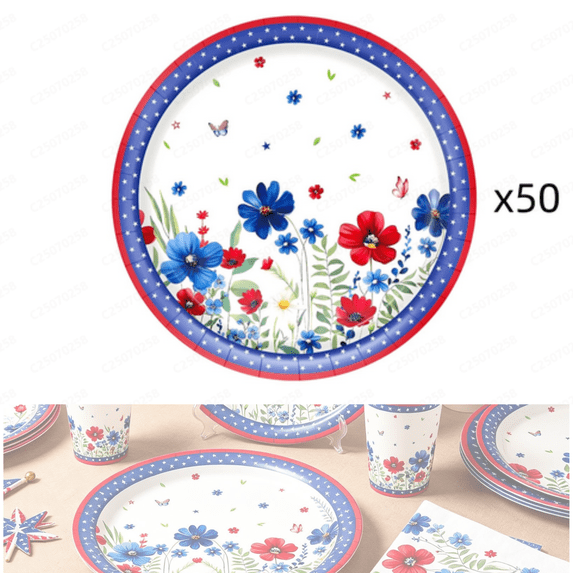 chaungfeng 50 Pcs 4th of July Flower Round Paper Plates, 7" American Flag Plates Disposable Patriotic Paper Trays for Independence Day 250th Anniversary Memorial Day Party Supplies Decor