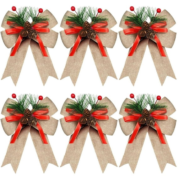 chaungfeng 6-Pack Velvet Ribbon Bow Set, Pinecone Berry Wreath Bows, for Christmas Tree Decor, Gift Wrapping, Holiday Craft, 5.12x5.91 Inches