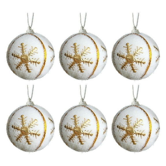 chaungfeng 6 Pcs Christmas Ball Ornaments, 2.36 Inch with Elk Snowflake Pattern Christmas Foam Plush Ball Ornaments, Hanging Decorations for Trees Fireplace Holiday Party Decor