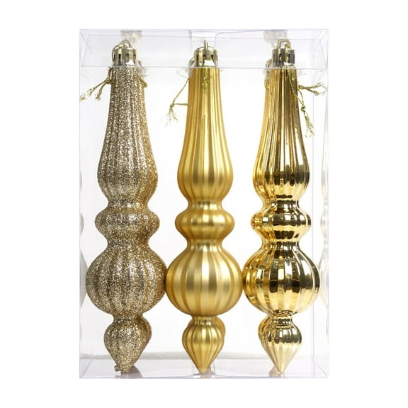 chaungfeng 6PCS Glittering Finial Christmas Ornaments, 6.69inch Finial Drop Christmas Hanging Decorations with 3 Styles Shatterpoof Plastic Pendant, for Xmas Tree Holiday Wedding(Gold)