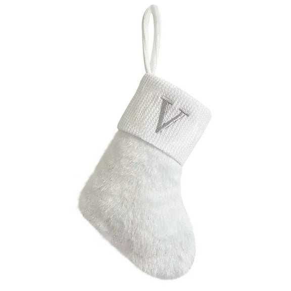 chaungfeng 7 Inches Initial Letter Christmas Stocking, White Personalized Christmas Stockings with Embroidered Letters, Soft Stocking for Holiday Christmas Tree Fireplace Decor (V)