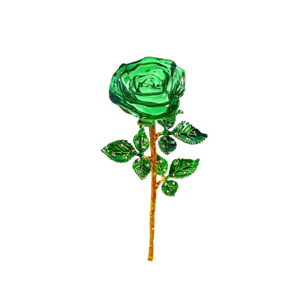 chaungfeng 9.5" Crystal Rose Flower, Glass Green Flowers with Green Leaves for Wedding Anniversary for Girlfriend, Good Friend and Wife, Romantic Gifts for Her