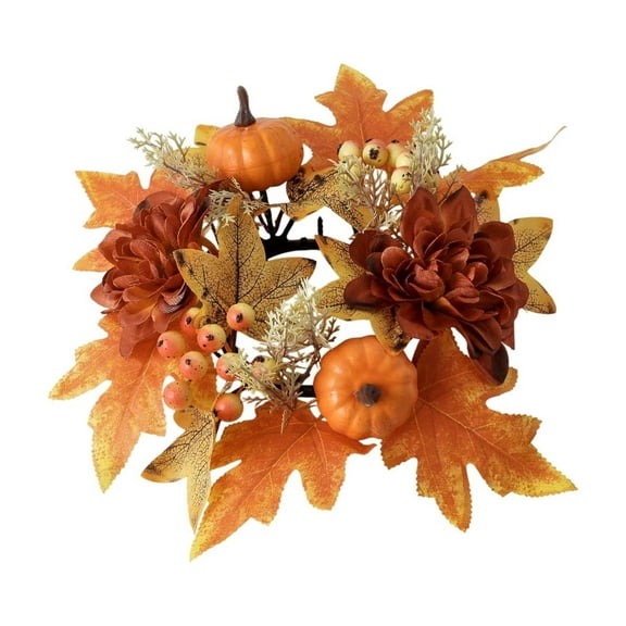 chaungfeng 9.84Inch Artificial Pumpkins Maple Leaf Berry Candle Rings Wreaths, Autumn Table Centerpiece Decor, Thanksgiving Halloween Decorative Wreath for Door Wall Window
