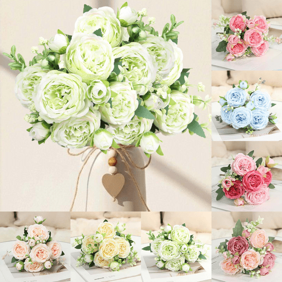 chaungfeng Admired by Nature Artificial Rose Flowers Bouquet, 5 Heads Faux Rose Wedding Bouquet for Bride Bridesmaid, Centerpieces Floral Arrangement Home Decoration, White