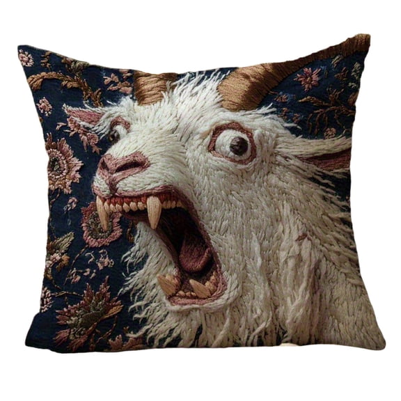 chaungfeng Animal Theme Screaming Goat Throw Pillow Covers, Funny Embroidery Decorative Sofa Pillowcase, Short Lint Car Throw Pillowcases for Home Bedroom Living Room Decoration 18x18Inch