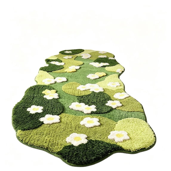 chaungfeng Bathroom Rugs, Green Bath Mat Cute Moss Rug with Small White Flowers, Non Slip Door Mat for Bedroom and Kitchen Soft Washable Rug Floral Bath Mats (15.74x47.24 inch)