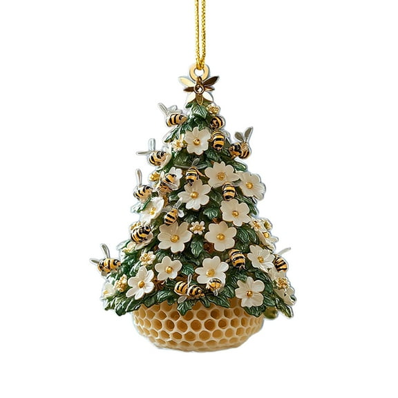 chaungfeng Bee-Themed Christmas Tree Ornament, Beehive Flowers Christmas Ornament, 2D Flat Acrylic Honeycomb Hanging, Unique Christmas Holiday Decorations Gift for Nature, Bee Lover