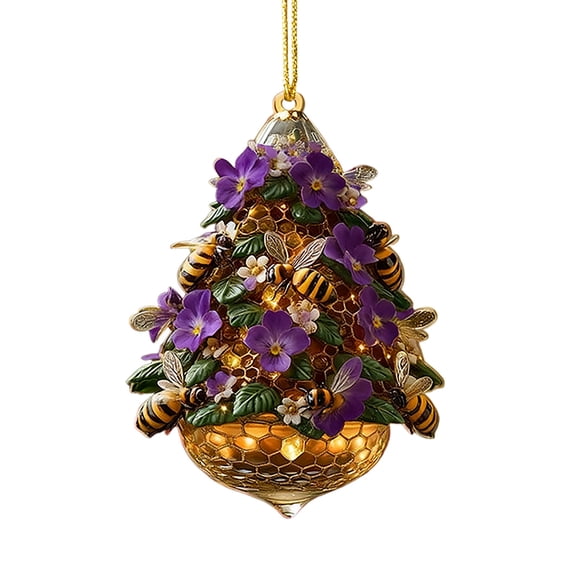 chaungfeng Bee-Themed Christmas Tree Ornament, Beehive Flowers Christmas Ornament, 2D Flat Acrylic Honeycomb Hanging, Unique Christmas Holiday Decorations Gift for Nature, Bee Lover