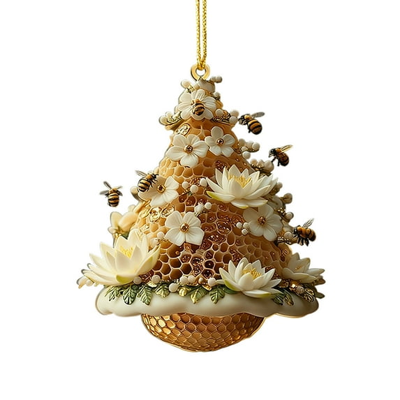 chaungfeng Bee-Themed Christmas Tree Ornament, Beehive Flowers Christmas Ornament, 2D Flat Acrylic Honeycomb Hanging, Unique Christmas Holiday Decorations Gift for Nature, Bee Lover