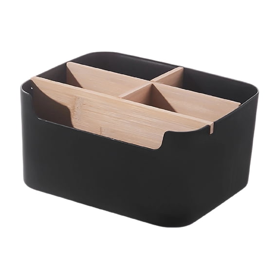 chaungfeng Black Desktop Organizer, Bamboo Remote Control Holder Cosmetic Storage Basket, Desk Storage Box Pencil Pen Holder Caddy for Office Home Bedside Nightstand Organization