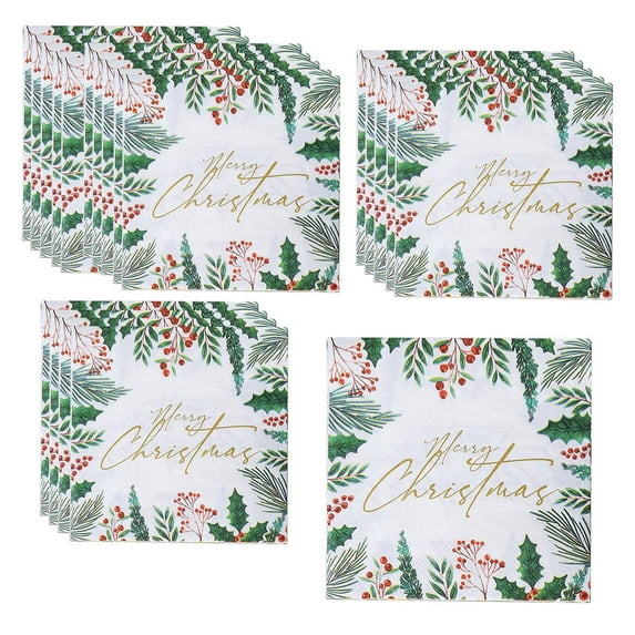 chaungfeng Christmas Berry Pine Needles Color Print Napkins, Double-Sided Paper 20 Pcs, for Xmas Party, Kitchen Dining, Guest Supplies, 12.9x12.9 Inches