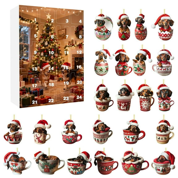 chaungfeng Christmas Dog Advent Calendar 2025, 24 Days Holiday Countdown Calendar Box Tree Ornaments Charm, Christmas Gift for Dog Lovers (Teacup Dachshund)