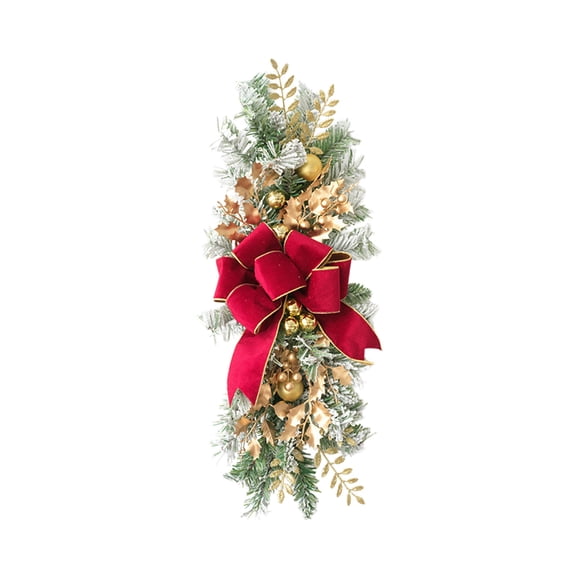 chaungfeng Christmas Hanging Decor Swag Garland - for Stairs Door Wall, Flocked Pine Greenery with Bow, Holiday Decoration, 10"x22" (Golden red)