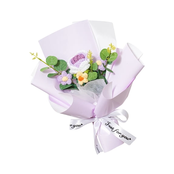 chaungfeng Completed Crochet Flowers Bouquet, Knitted Flowers Rose Daisy Sunflowers Artificial Mix Handmade Bouquet for Lover Mother Father Teachers Home Decor (Rose-Purple)