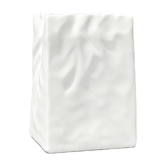 chaungfeng Crinkle Paper Bag Shape Plastic Vase, Large Capacity for Flower Arrangement, Bookshelf Decorative (Nacre White)