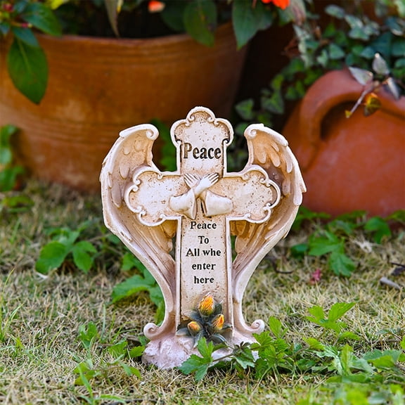 chaungfeng Cross Memorial Stone Grave Marker, Resin Jesus Cross Angel Wings Headstone Cemetery Outdoor Garden Patio Lawn Yard Decor, Memoirial Gifts for Loss of Loved One (Mercy/Peace)