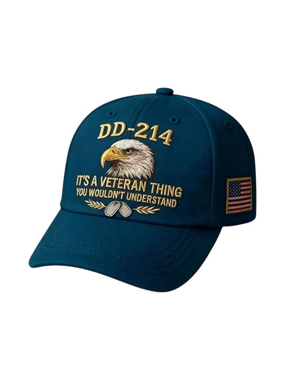 DD-214 Veteran Baseball Hat - Embroidered Eagle Patriotic Hat - Veterans Day Gift for Retired Soldiers - Peacock Blue