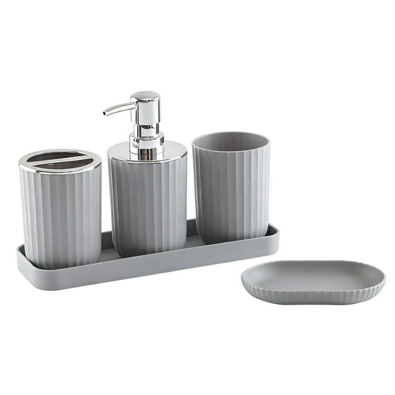 chaungfeng Decorative Plastic Bathroom Accessories Set, (Set of 5) Soap Dish, Liquid Dispenser, Toothbrush Holder Cup, Mouthwash Cup, Vanity Organizer Tray - Bathroom Decor Gift (Gray)