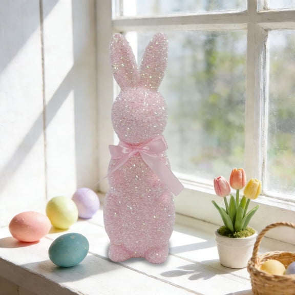 chaungfeng Easter Bunny Decorations, 13 Inch Glitter Foam Bunny Figurine Easter Flocking Rabbit Tabletop Ornament for Farmhouse Home Decor
