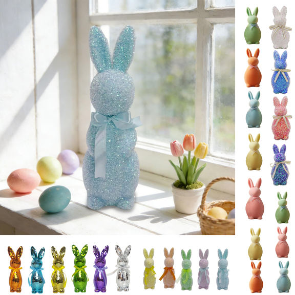 chaungfeng Easter Bunny Decorations, 13 Inch Glitter Foam Bunny Figurine Easter Flocking Rabbit Tabletop Ornament for Farmhouse Home Decor