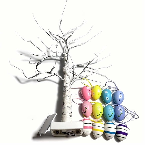 chaungfeng Easter Decorations 23.6 Inch Artificial Lighted Easter Egg Tree, Pre-lit White Birch Tree with 12 Hanging Egg Ornaments for Party Birthday Home Spring Decoration