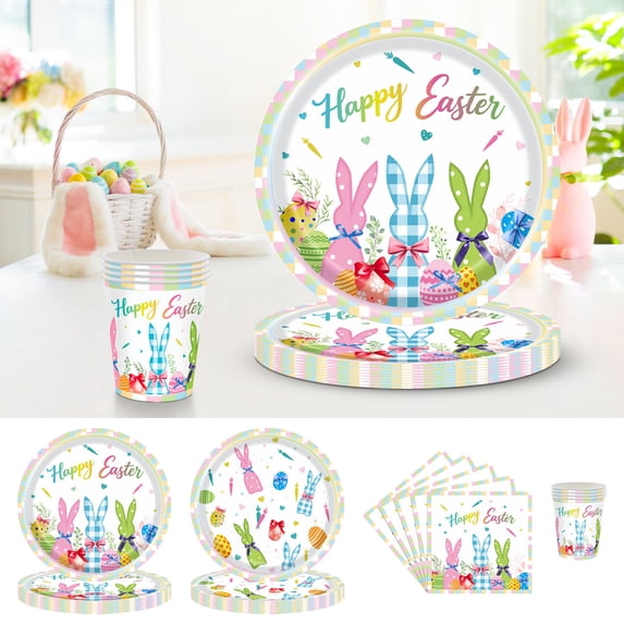 chaungfeng Easter Plates and Napkins, Easter Paper Cups and Napkins 80pcs Bunny Plate and Napkin for Easter Party Supplies,Serves 20