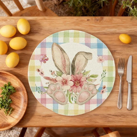 chaungfeng Easter Round Placemats Set of 1, 15.75 Inch Colored Buffalo Plaid Bunnys Flowers Spring Round Table Mats for Easter Party Dining Decoration