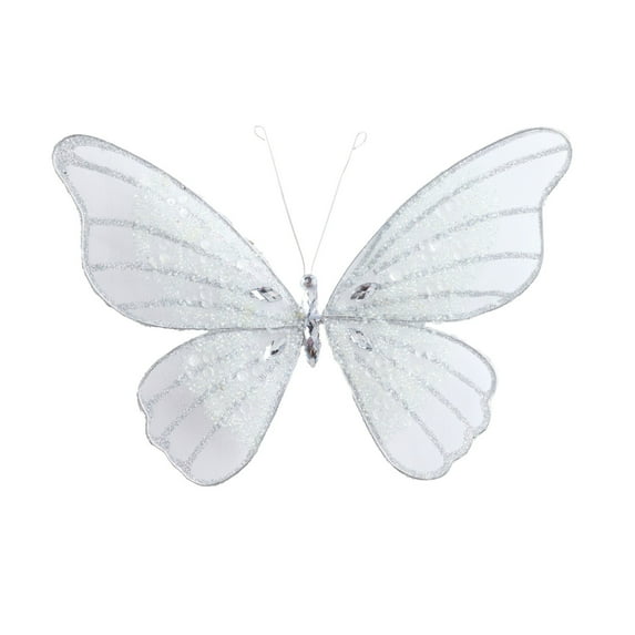 chaungfeng Glitter Mesh Butterfly Ornament, Double-Layer Butterfly Christmas Tree Decoration, Silver Hollow Design, for Gift, Display, Holiday