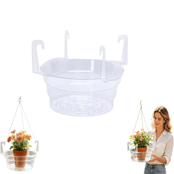 chaungfeng Hanging Basket Water Catcher, Hanging Basket Drip Pan with Hooks, Plastic Clear Hanging Basket Tray for Watering, Saucer for Indoor Outdoor Hanging Plants Baskets (1pc, 10in)