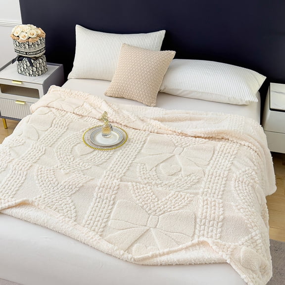chaungfeng Heart Bow Throw Blankets, Soft and Thick Double Layer Raschel Blanket for Lover Mom Father Gifts, Washable Fuzzy Blanket for Couch Sofa Bed Office (White, 39"x28")