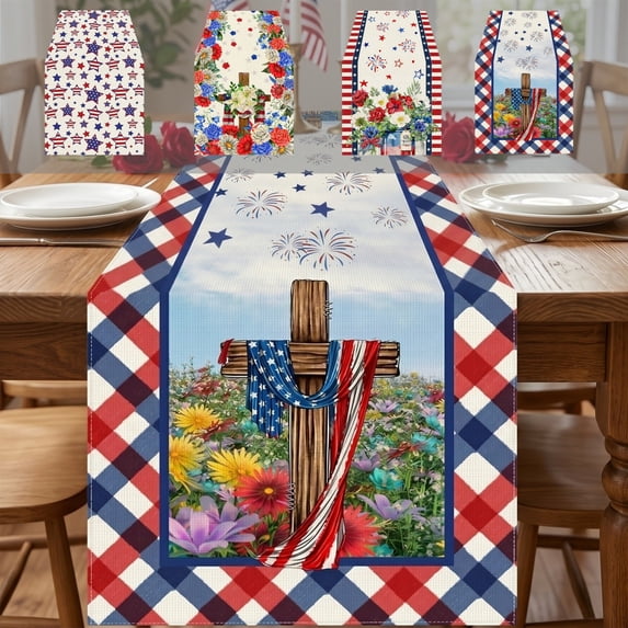 chaungfeng Independence Day Red White Blue Star Decoration Tablecloth, American Flag Element Table Cover, 72.05 x 12.99 inch, for Kitchen, Party, Camping, Picnic, Living Room, Home Decor