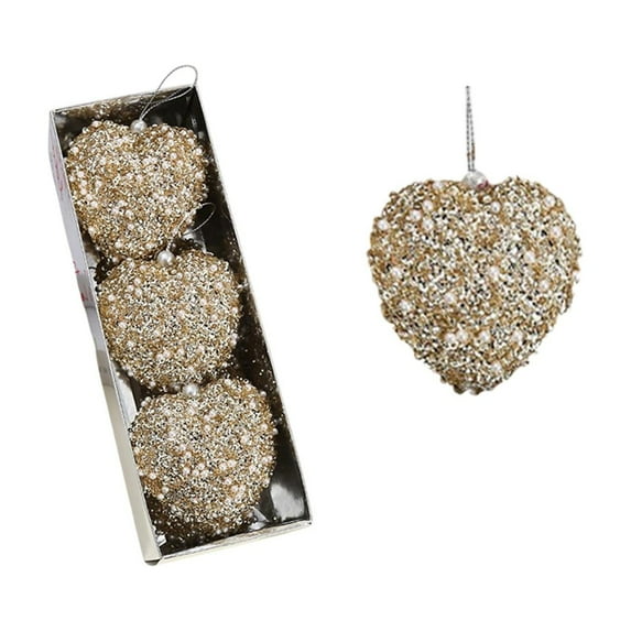 chaungfeng Khaki Valentine's Day Heart Ornaments, 3Pcs Glitter Sequin Heart Shaped Baubles Decoration Indoor Confessions Hanging Pendants Decor(3.15in)