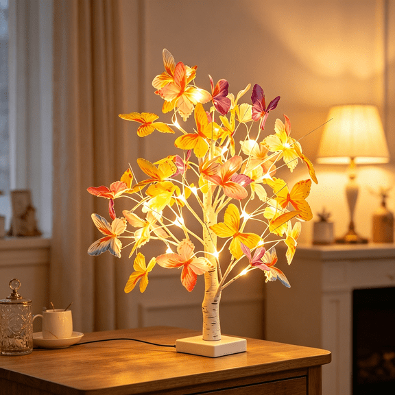 chaungfeng LED Butterfly Birch Tree Night Lights, 23.6 Inch Artificial Tree Lamp Lighted Fake Flower Bonsai Tree USB Powered for Bedroom Desk Fireplace Table Decoration Birthday Gift(White)