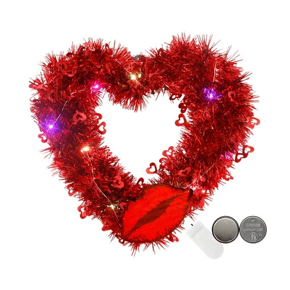 chaungfeng Lighted Valentine Heart Wreath,12.9 in Red Heart Shaped Tinsel Wreath with LED Lights,Foil Hearts and Love Sign,Red Valentine's Wreath for Front Door Decoration (Kiss)