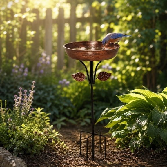 chaungfeng Metal Bird Bath for Outside with 2 Leaves Decor, Leaves on Pole & Sparrow on Bowl, Garden Birdbath, 10 Inch Antique Bronze Freestanding Birdfeeder Bath for Yard Patio