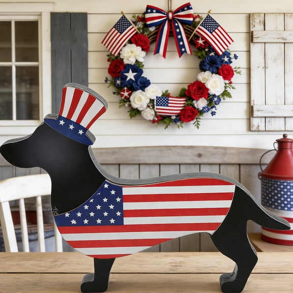 chaungfeng Patriotic Wooden Dog Statue, American Flag Themed Home Decoration Independence Day Gift for Pet Lovers