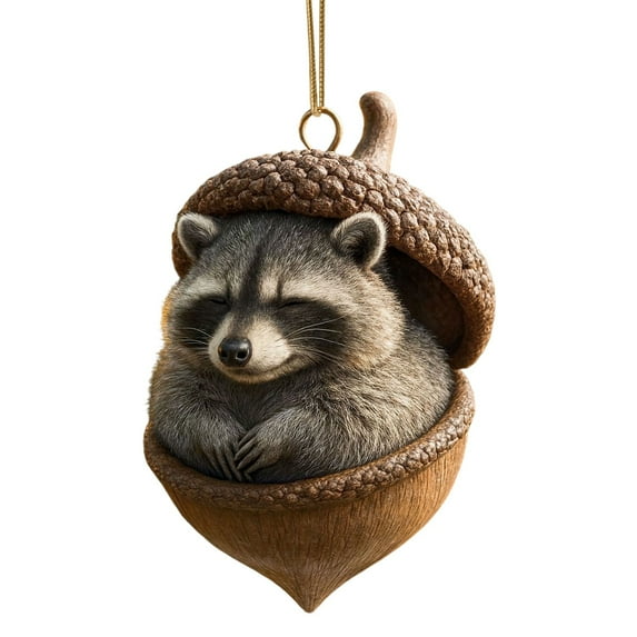 chaungfeng Pine Cone Animal Ornament, Woodland Acorn Forest Animal for Christmas Tree Decoration, 2D Acrylic Sleeping Animals Decor for Holiday Keepsake Gifts (1, Brown Raccoon)