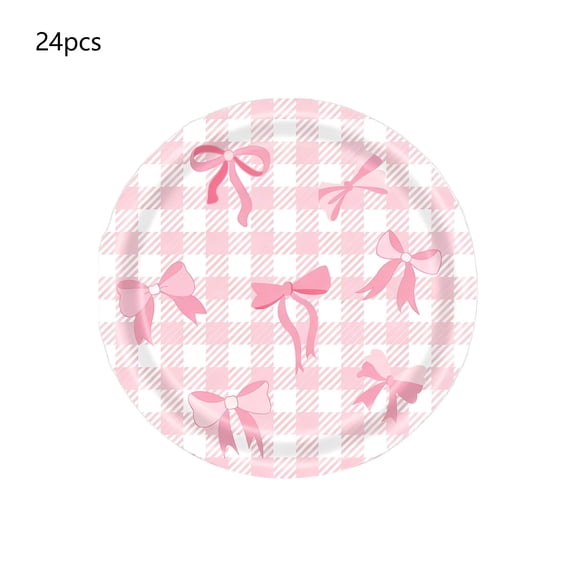 chaungfeng Pink Bow Decorations Party Supplies, 24pc 9 Inch Pink Bow Disposable Paper Plates Bow Theme Tableware Party Supplies for Girls Women, for Birthday Valentines Day Decor