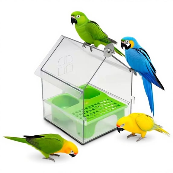 chaungfeng Pull-Out External Parrot Feeder, No Mess Bird Feeder, Decorative Transparent Bird Bath Tub with Two Food Slots, Easy to Fill Hold and Clean, for Parrot & Finchging