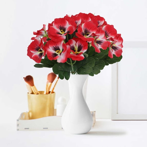 chaungfeng Red Artificial Flowers 1 Pack, Pansy Flowers Spring Faux Silk Flowers 12.6" Realistic Fake Flowers for Vase Home Indoor Wedding Flower Bouquet Table Centerpiece Decor