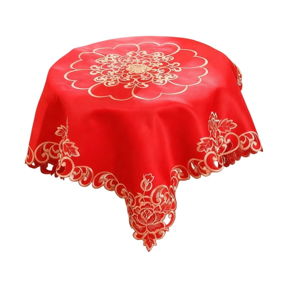 chaungfeng Red Christmas Tablecloth, Valentine's Day Round Candle Holiday Table Cover, Gold Embroidered Patten, for Dining, Gift, Party Setting, Bridal Showers, Birthday,Wedding