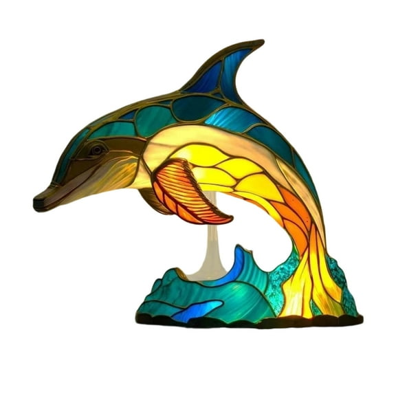 chaungfeng Retro Dolphin Stained Resin Table Lamp,Vintage-Style Bedside Light, Unique Animal Design for Home Decor, Artistics Small Lamp for Living Room & Bedroom,6"