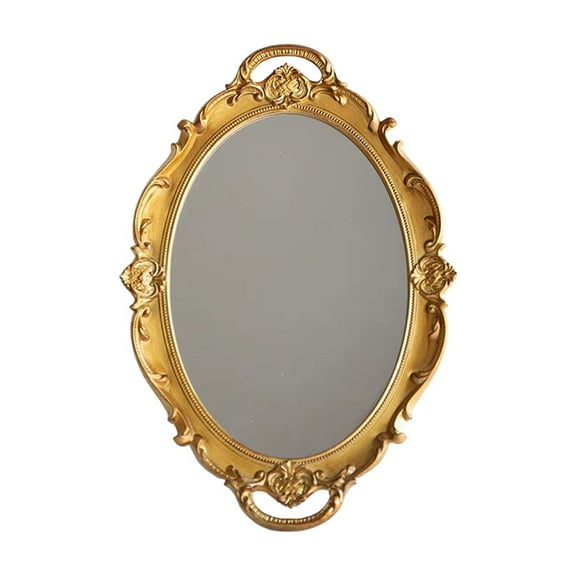 chaungfeng Retro European Decorative Mirror Tray, Oval Tea Tray Storage Plates,for Home and Vanity Elegant Perfume Jewelry and Cosmetic Storage Organizer, Gold Finish for and Parties 15in