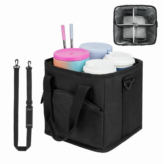chaungfeng Reusable Drink Carrier with Handle  Insulated, Collapsible 4-Cup Beverage Bag with No-Spill Base, Adjustable Dividers & Shoulder Strap, for Delivery, Car and Travel, Black